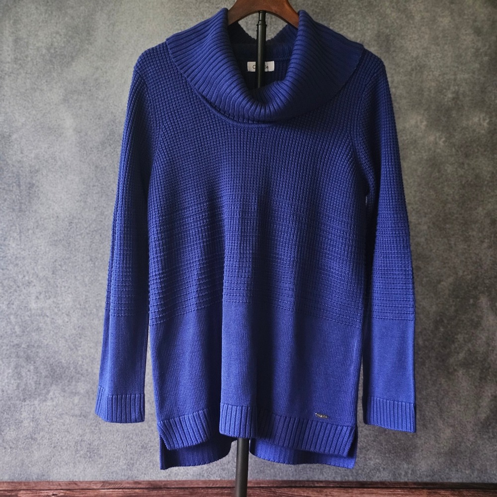 Calvin Klein royal blue ribbed knit cowl-neck sweater